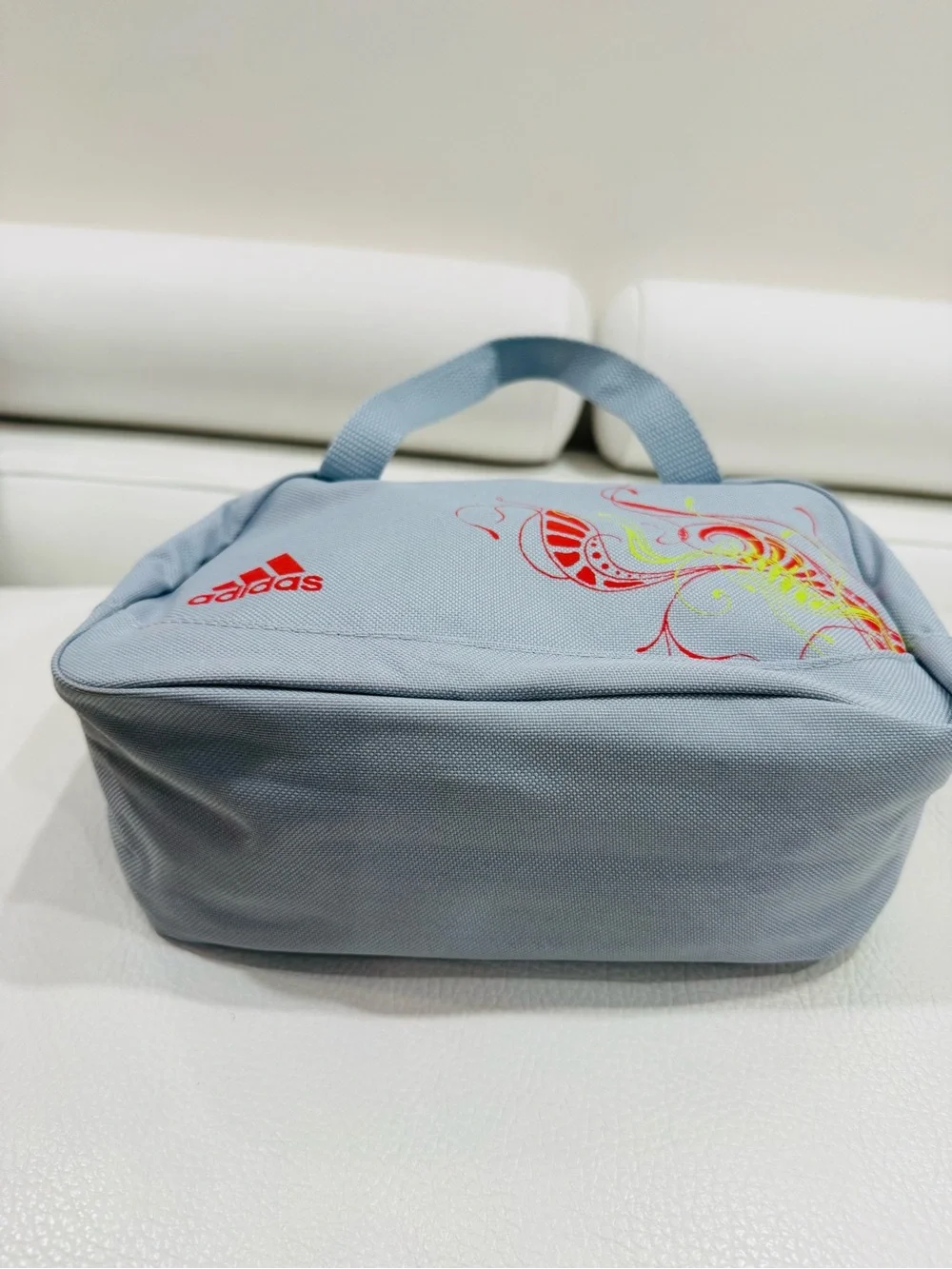 adidas Light Gray Toiletry Bag with Red Logo and Neon Accent and handles